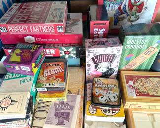 Puzzles + games, including Bunco, poker, cards, dominoes