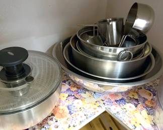 Stainless bowls + measuring cups; salad spinner
