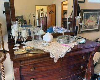 Vintage wooden dressers with mirrors (one tall, one long)