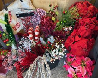 Holiday decor, including faux poinsettias