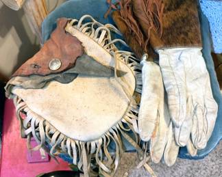 Vintage leather pouch and riding gloves