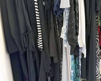 Women’s clothing, mostly size medium: dresses, leisure, jeans, pants, tops, jackets (leather motorcycle, suede, denim, fringe), puffer vests