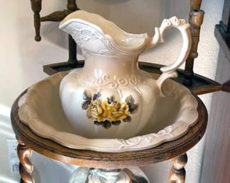 Antique wash basin stand with spindle legs; washbasin + pitcher