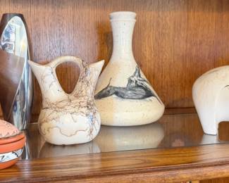 Nambe vase, Acoma horsehair wedding vase + bear fetish