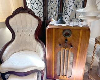 Victorian parlor chair with footstool; panel screen; 1937 Philco 37-620 console radio