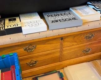 Chest/bench, wall art, office supplies