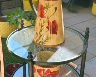 Round side table, poppy floral bouquet, pitcher + bowls