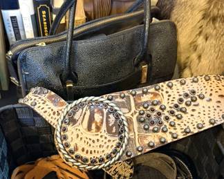Women's western-wear belts, including Arohoe and Antonio Melani leather purse