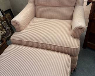 Pink and white arm chair + ottoman