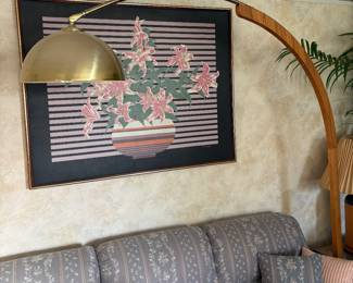 Amazing retro brass/wood floor lamp and art 