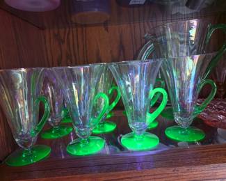 Uranium glass pitcher and glass set