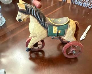 Vintage HandCarved Wooden Horse Tricycle PullToy