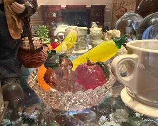 Vintage Art Glass Fruit Set in Cut Glass Bowl