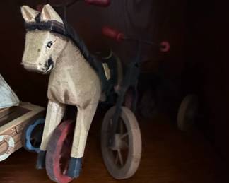 Vintage HandCarved Wooden Horse Tricycle Toy