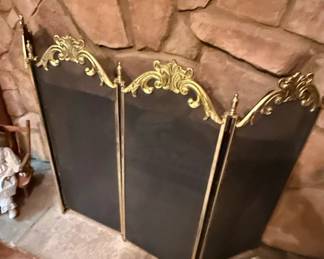 Vintage French Style ThreePanel Brass and Mesh Fireplace Screen
