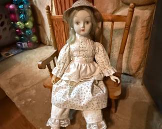 Vintage Walda Porcelain Doll with Miniature Chair