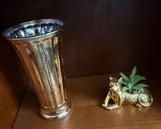 Gold Mercury Glass Vase and Figural Cat Planter