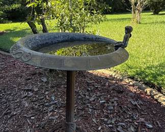 Vintage Cast Iron Bird Bath with Putto Figure
