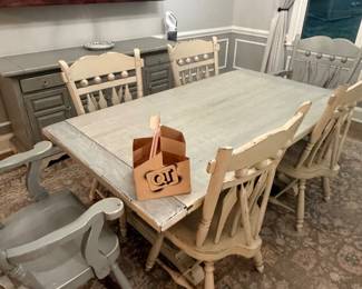 Gray painted LARGE dining room table and chairs, one chair has some damage but is usable, has 2 extensions to fit everyone! $200 OBO 