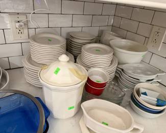 Large collection of white serving pieces and pfaltzgraff pieces 