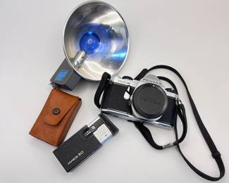 Pentax ME Super 35mm camera, Graflax P-L flash, Kiev-30 spy camera