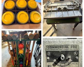 Clay pigeons, croquet set, heated dry-mount press
