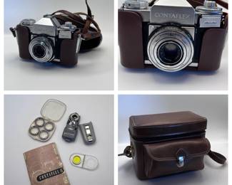 Zeiss Ikon Contaflex 35mm SLR. Has Zeiss Tessar 45mm f/2.8 lens and brown leather ever-ready case.