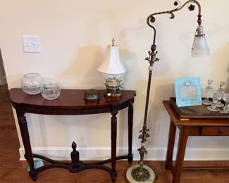 Vintage table, glassware, antique tape measure click