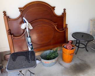 Vintage queen bed, ice cream maker, outdoor tables
