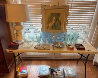 Vintage dish ware, vases, books