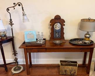 Rare antique Victorian bridge-style floor lamp, tables, antique mantel clock, brass magazine holder
