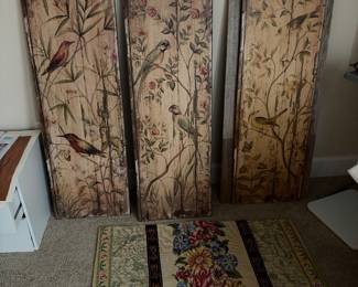 Vintage needlepoint rug, wood bird panels