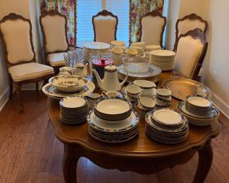French provincial table with 6 chairs, vintage china set, dish & glassware