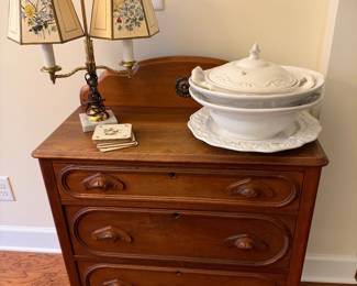 Antique chest, brass & marble student lamp, serving dishes