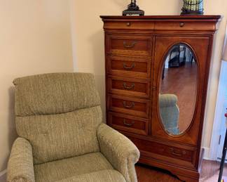 Electric recliner, vintage chest, lamps