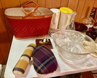 Vitage picnic basket, weighted sewing tools and more