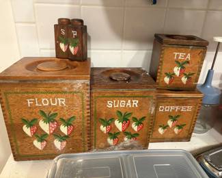 Vintage wooden kitchen canisters and S&P shakers