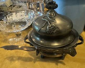 Antique Pewter Butter Dish - Quite stunning with butter knife