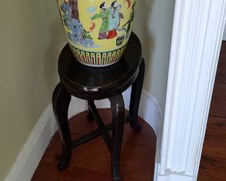 Small dark Oriental stool & ceramic vase