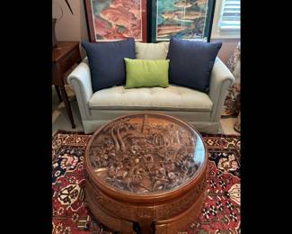 Mid 20th Century Chinese Hand Carved Coffee Table with Nesting Stools