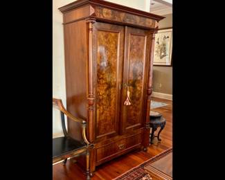 Antique late 1800’s walnut and burled wood Armoire, small scale, 72” high by 46” wide