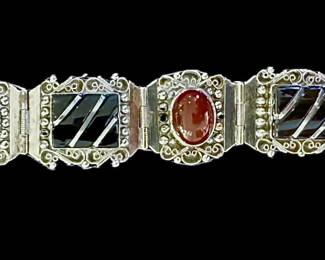 Vintage Mexico sterling silver panel bracelet with onyx and carnelian. 