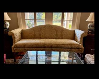 Vintage Chippendale style sofa, custom upholstered in fine Damask fabric