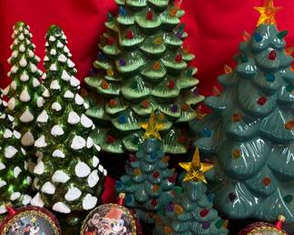 Fun illuminated ceramic Christmas trees. Disney Mickey Mouse ornaments. 