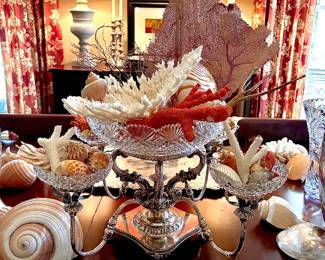 Elegant silver plated and cut glass epergne filled with specimen sea shells