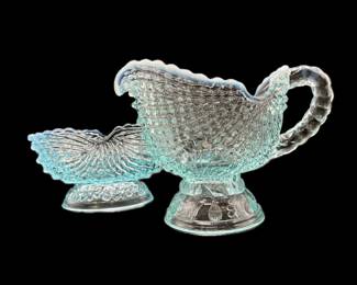 Circa 1900 “Argonaut Shell” blue opalescent cream and sugar by Northwood