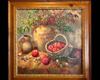 Ann Warner, Louisiana, 20th century, “Pomegranates” circa 2005, original oil on canvas, custom framed in a five inch wide distressed pine and gold leafed finished corner frame, overall size 45” by 45”
