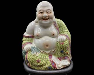 “Famille Jaune” hand painted hand enameled porcelain BUDDHA, early 20th Century, Hong Kong red stamp , ve