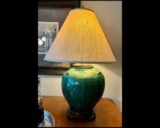 Vintage custom made lamp made from a green glazed food storage jar