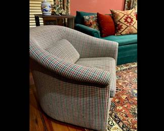 PAIR of vintage custom upholstered “smallish” barrel back swivel chairs - great for a tight space!
